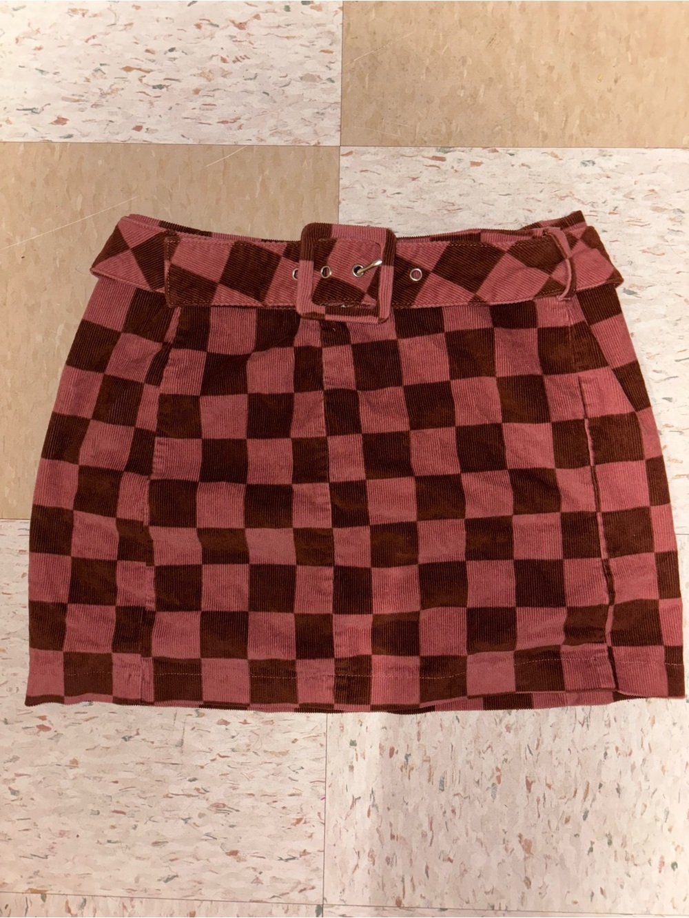 Checkerboard Belted Brown/Pink Mini Skirt